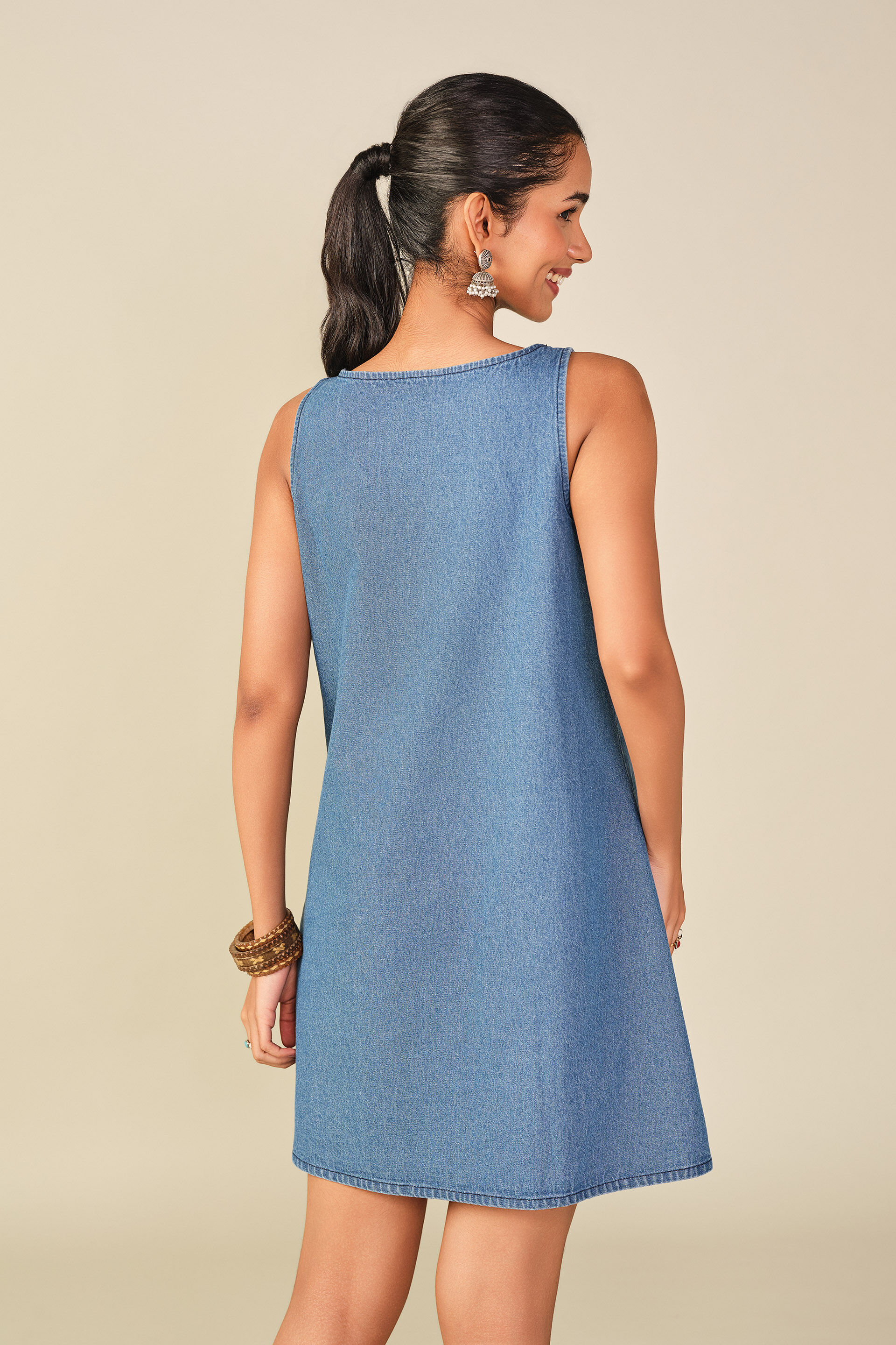 Embroidered Cotton Shift Dress in Midnight Blue, Blue, image 5